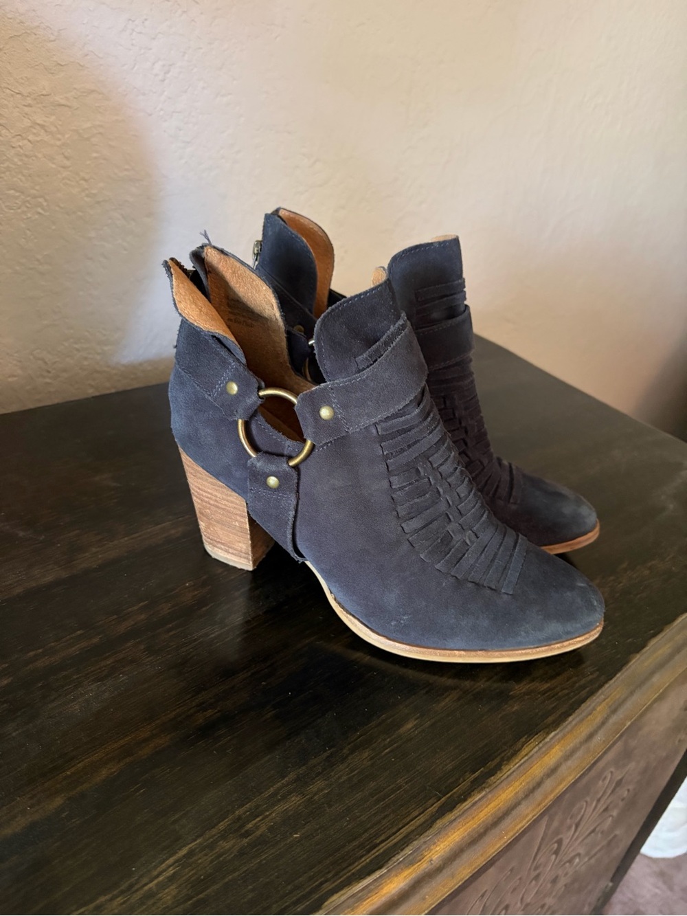 Women’s Navy Suede Fringe Ankle Boot with Block Heel
